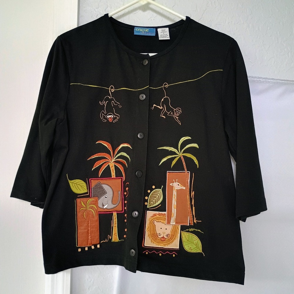 Onque Casuals Embroidered‎ Zoo Animals Cotton Cardigan Women's Size Medium Beads